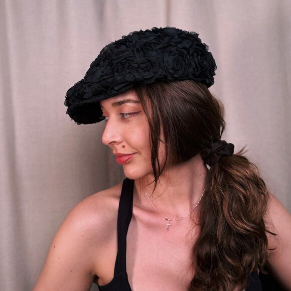 Unbranded Accessories - Black Rose Bouclé Beret, Textured Wool-Look Cap, Seoul